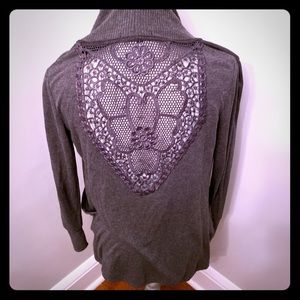 Grey detailed long length cardigan.